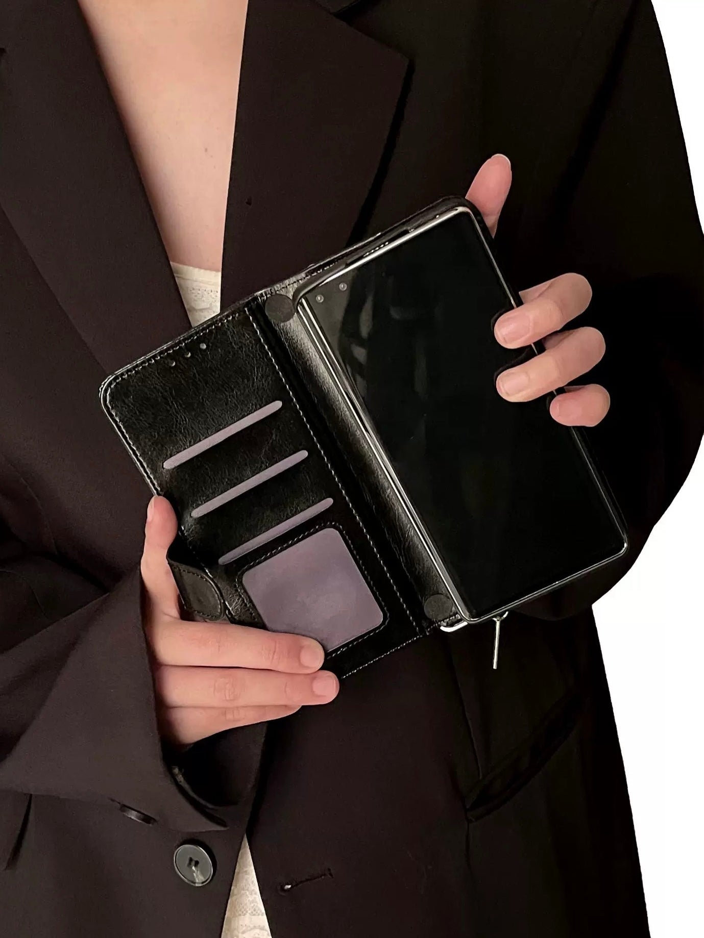 Gemstone Phone Wallet Clutch – Pearl Chain Crossbody Phone Case with Card Holder | Black Faux Leather
