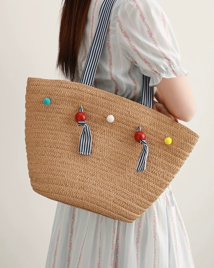 Color Bead Straw Tote – Large Summer Beach Bag with Striped Shoulder Strap | Woven Casual Handbag