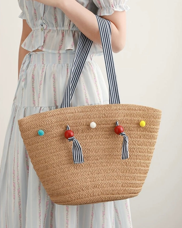 Color Bead Straw Tote – Large Summer Beach Bag with Striped Shoulder Strap | Woven Casual Handbag
