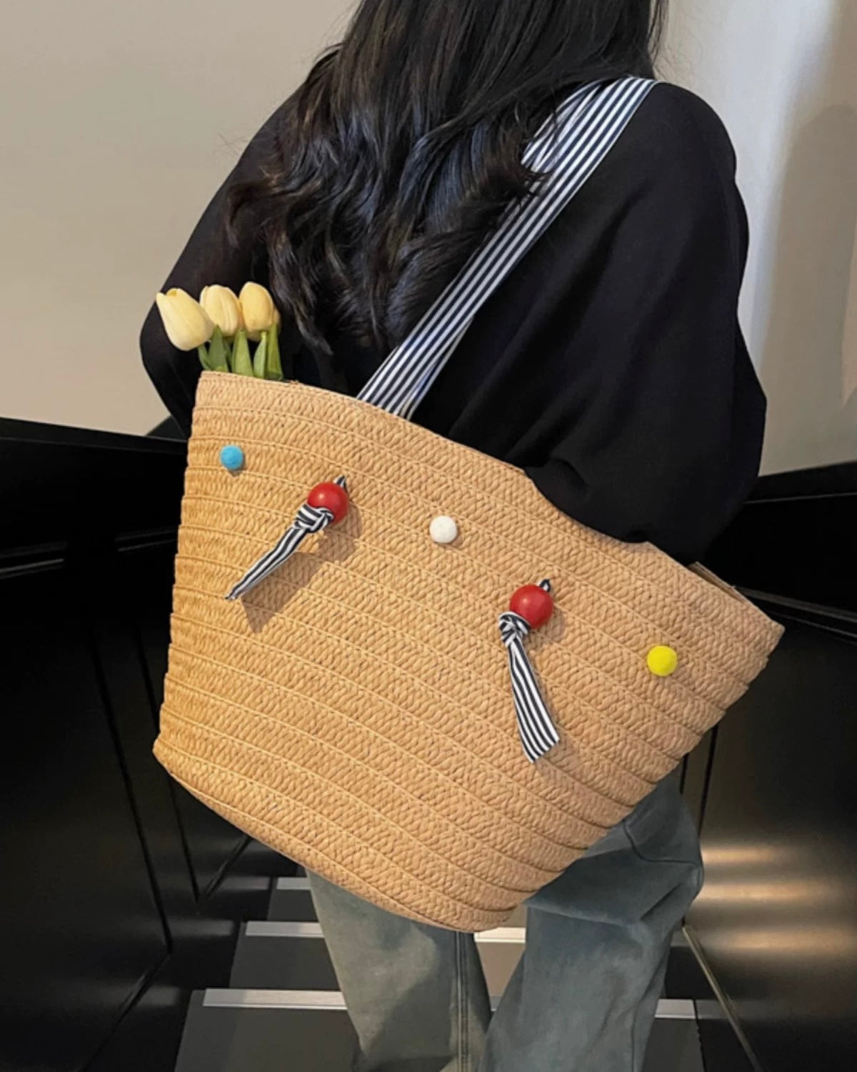 Color Bead Straw Tote – Large Summer Beach Bag with Striped Shoulder Strap | Woven Casual Handbag