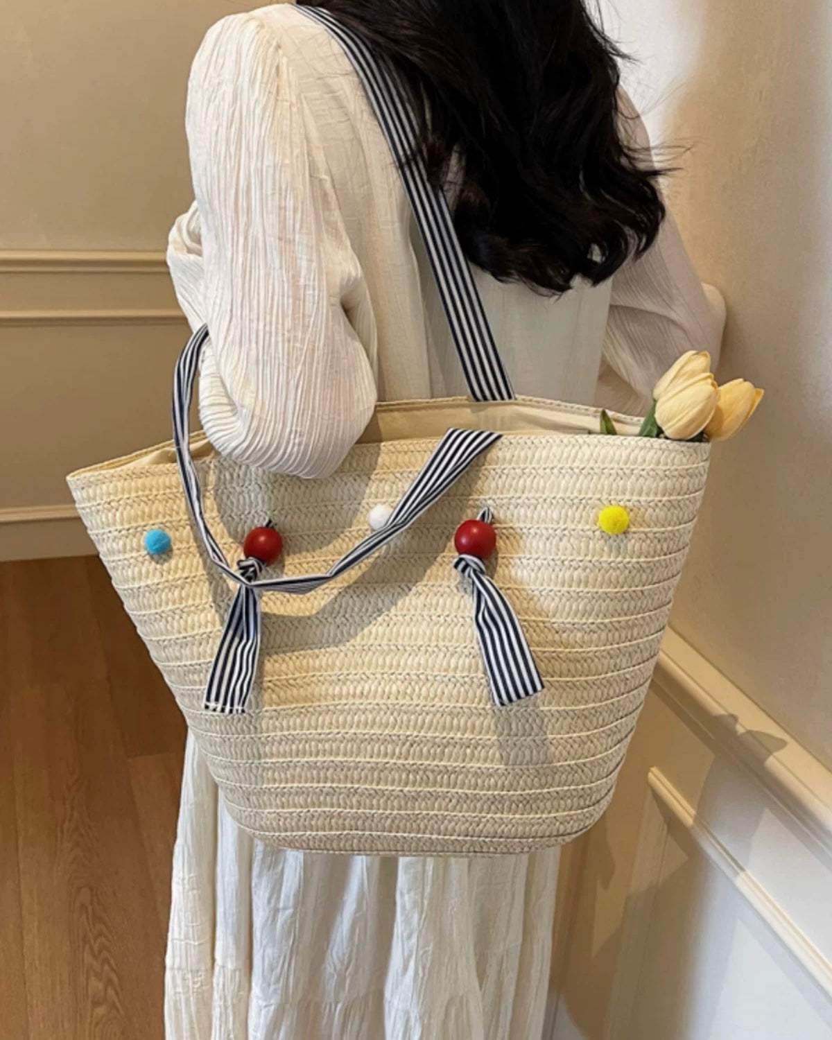 Color Bead Straw Tote – Large Summer Beach Bag with Striped Shoulder Strap | Woven Casual Handbag