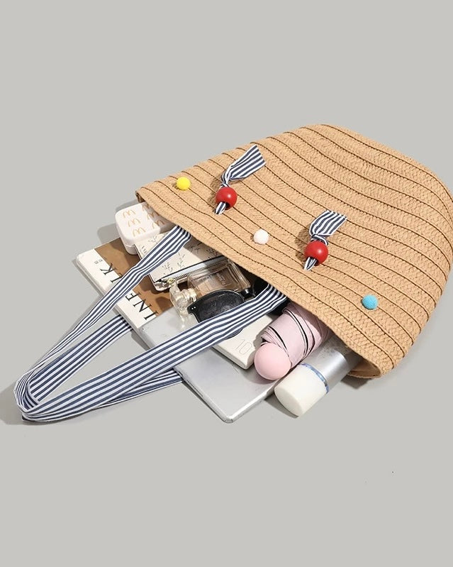 Color Bead Straw Tote – Large Summer Beach Bag with Striped Shoulder Strap | Woven Casual Handbag