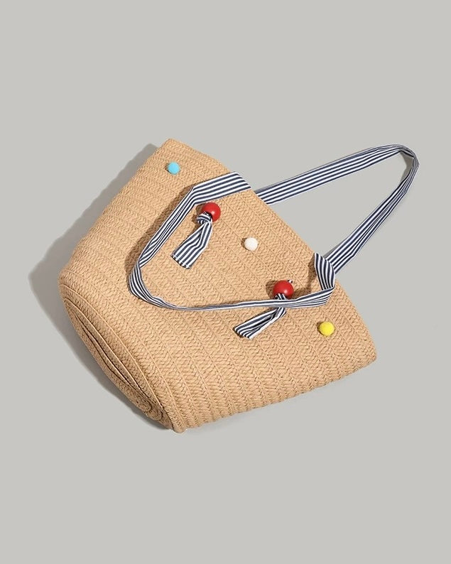 Color Bead Straw Tote – Large Summer Beach Bag with Striped Shoulder Strap | Woven Casual Handbag