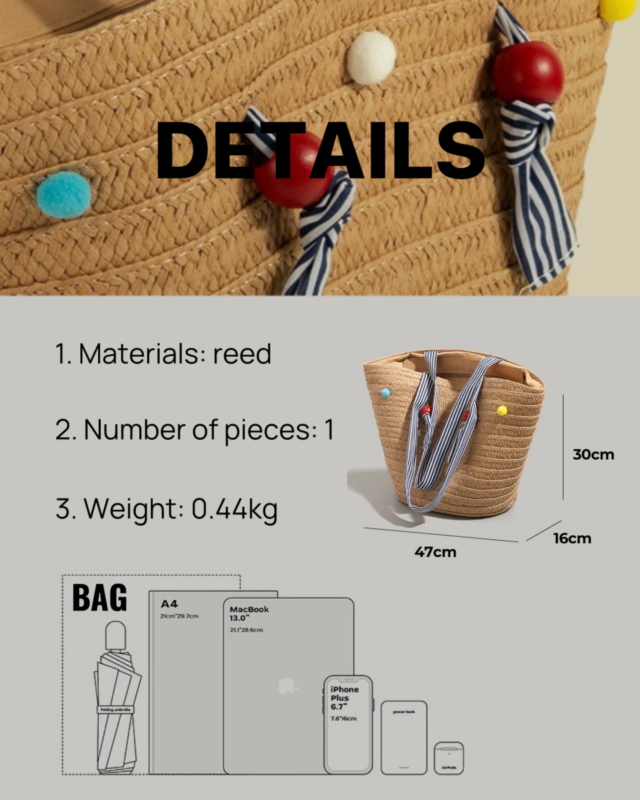 Color Bead Straw Tote – Large Summer Beach Bag with Striped Shoulder Strap | Woven Casual Handbag