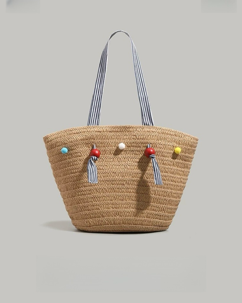 Color Bead Straw Tote – Large Summer Beach Bag with Striped Shoulder Strap | Woven Casual Handbag