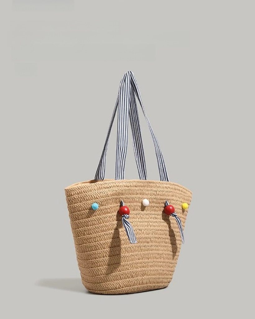Color Bead Straw Tote – Large Summer Beach Bag with Striped Shoulder Strap | Woven Casual Handbag
