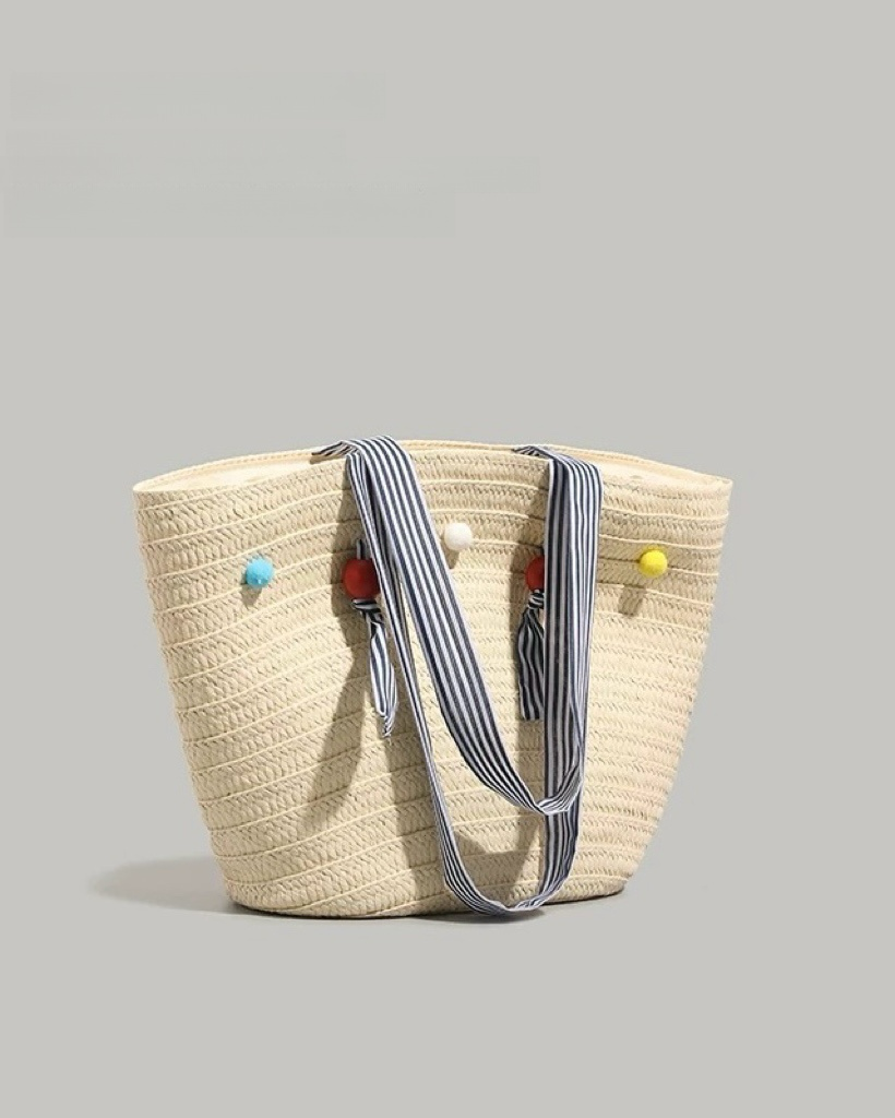Color Bead Straw Tote – Large Summer Beach Bag with Striped Shoulder Strap | Woven Casual Handbag