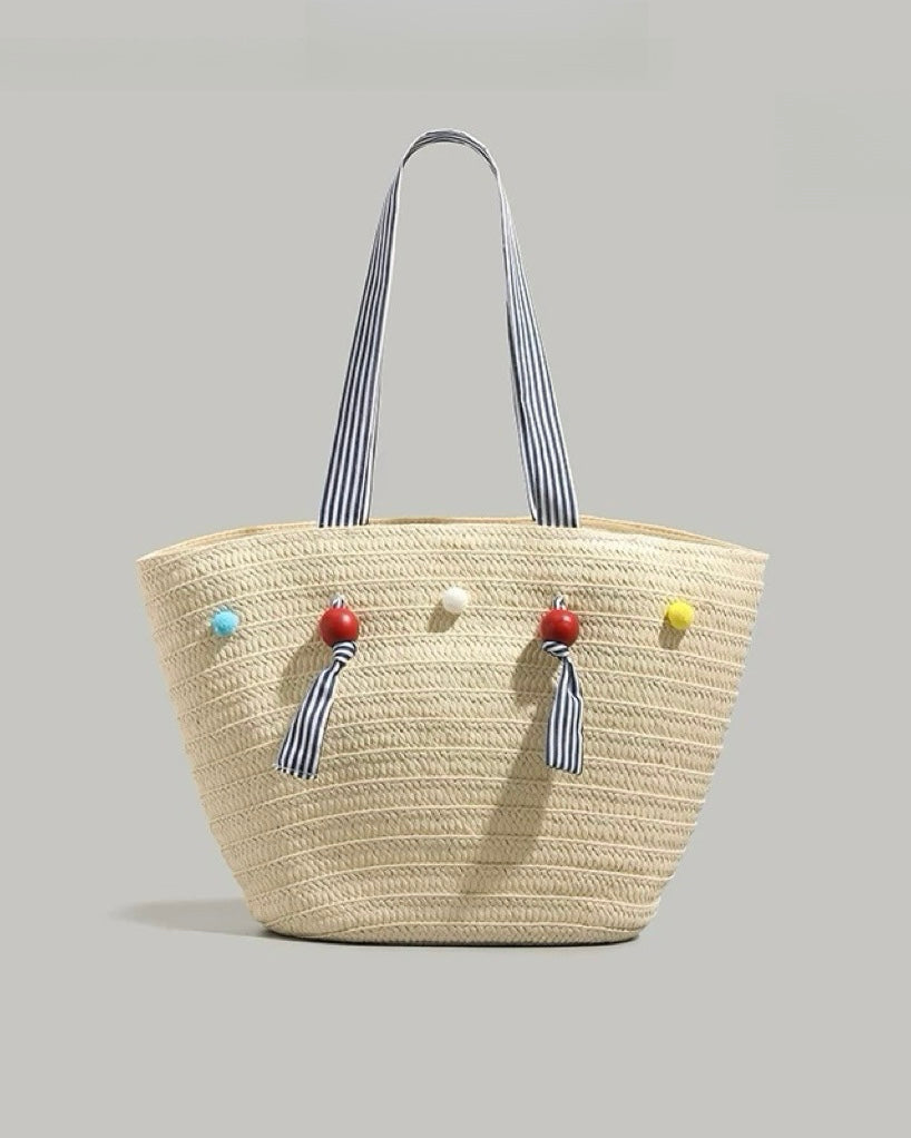 Color Bead Straw Tote – Large Summer Beach Bag with Striped Shoulder Strap | Woven Casual Handbag