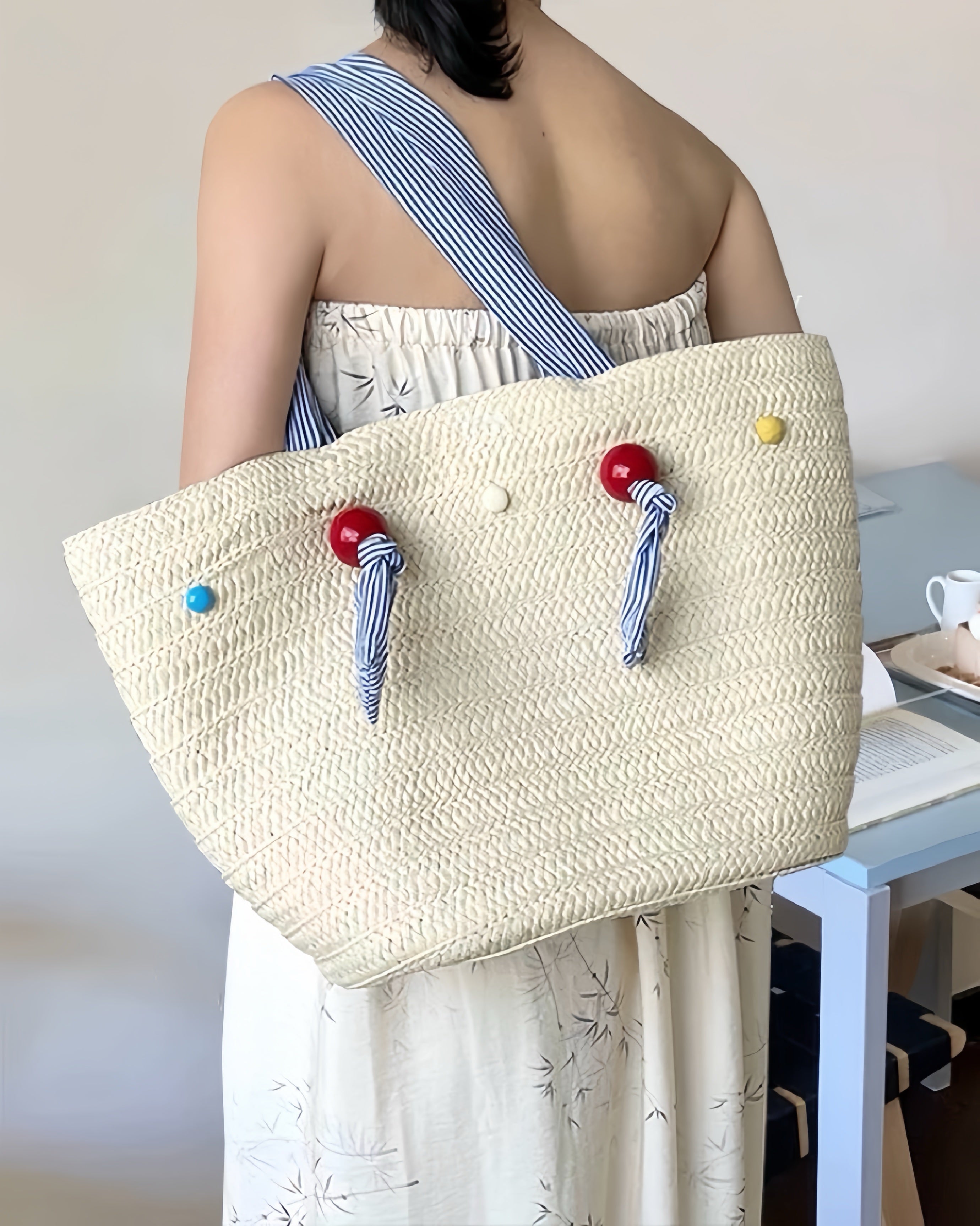 Color Bead Straw Tote – Large Summer Beach Bag with Striped Shoulder Strap | Woven Casual Handbag