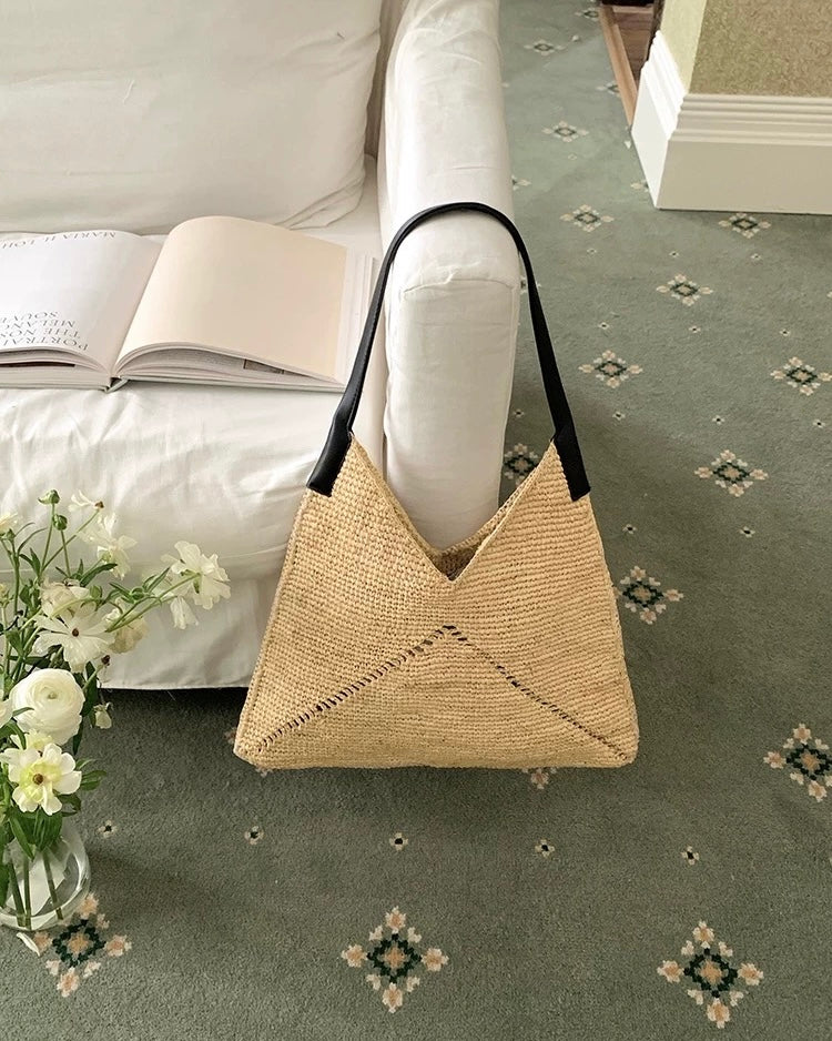 Handwoven Triangle Tote Bag – Crochet Shoulder Bag with Leather Straps in Khaki & Black | Minimalist Summer Beach Bag