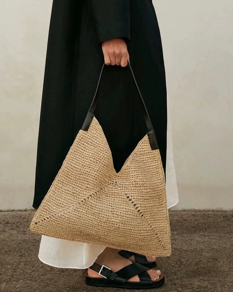 Handwoven Triangle Tote Bag – Crochet Shoulder Bag with Leather Straps in Khaki & Black | Minimalist Summer Beach Bag