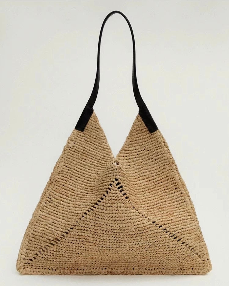 Handwoven Triangle Tote Bag – Crochet Shoulder Bag with Leather Straps in Khaki & Black | Minimalist Summer Beach Bag