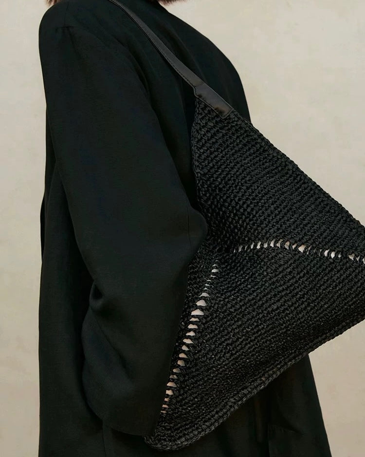 Handwoven Triangle Tote Bag – Crochet Shoulder Bag with Leather Straps in Khaki & Black | Minimalist Summer Beach Bag
