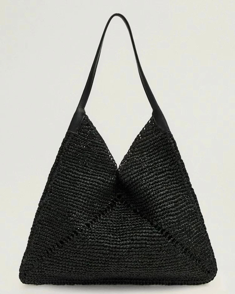Handwoven Triangle Tote Bag – Crochet Shoulder Bag with Leather Straps in Khaki & Black | Minimalist Summer Beach Bag