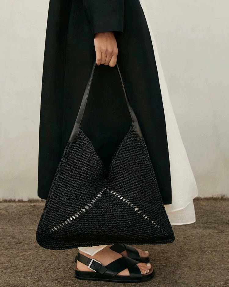 Handwoven Triangle Tote Bag – Crochet Shoulder Bag with Leather Straps in Khaki & Black | Minimalist Summer Beach Bag