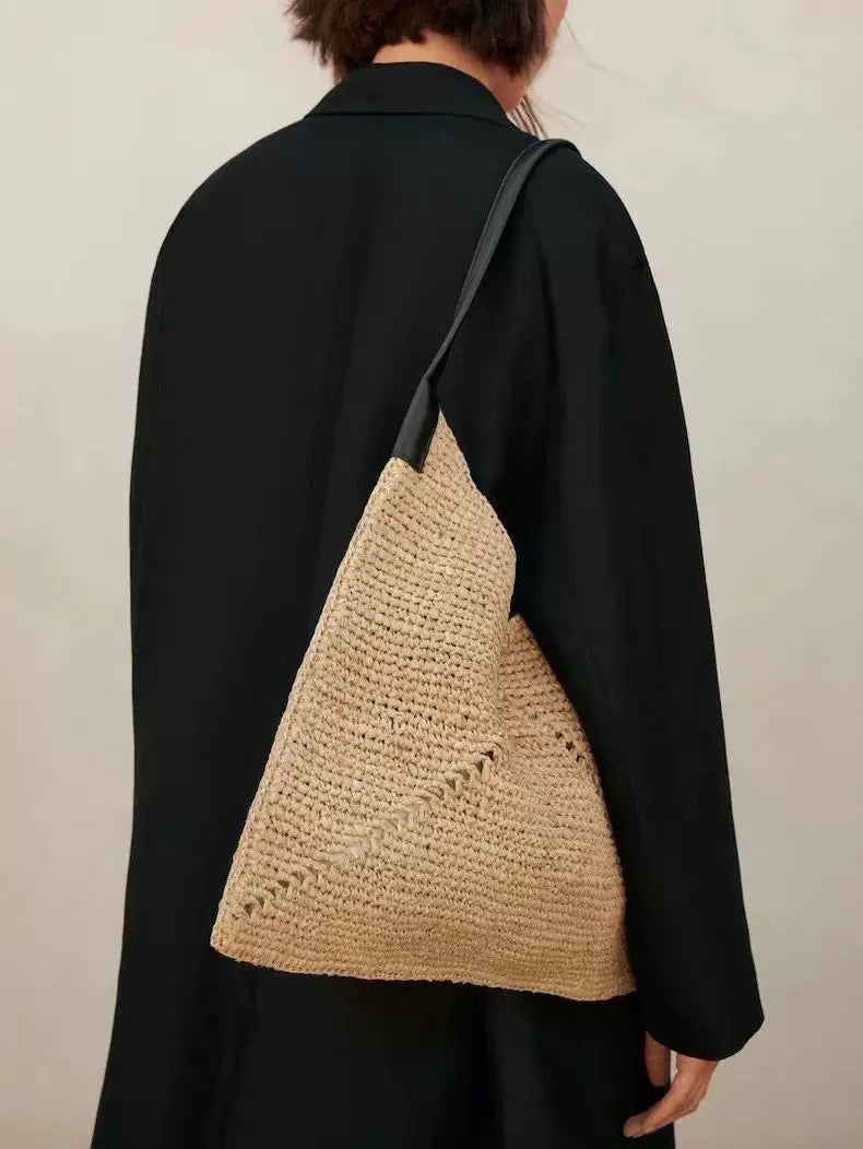 Handwoven Triangle Tote Bag – Crochet Shoulder Bag with Leather Straps in Khaki & Black | Minimalist Summer Beach Bag