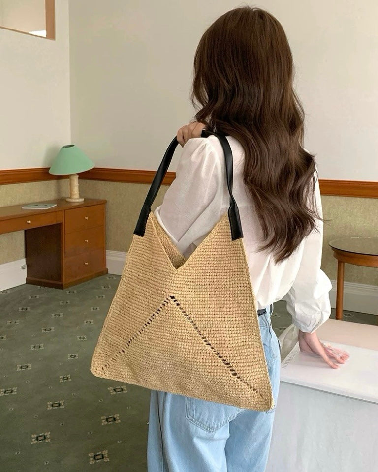 Handwoven Triangle Tote Bag – Crochet Shoulder Bag with Leather Straps in Khaki & Black | Minimalist Summer Beach Bag
