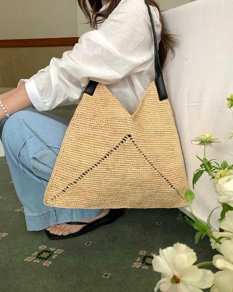 Handwoven Triangle Tote Bag – Crochet Shoulder Bag with Leather Straps in Khaki & Black | Minimalist Summer Beach Bag