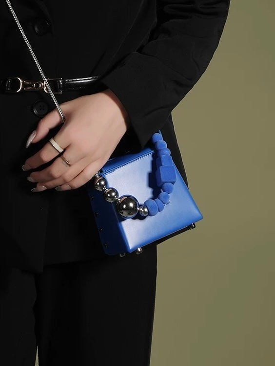 Mini Box Handbag – Sculpted Top Handle Bag with Oversized Beads in Blue & Green | Geometric Crossbody Purse