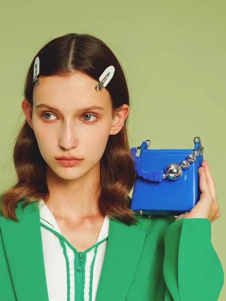 Mini Box Handbag – Sculpted Top Handle Bag with Oversized Beads in Blue & Green | Geometric Crossbody Purse