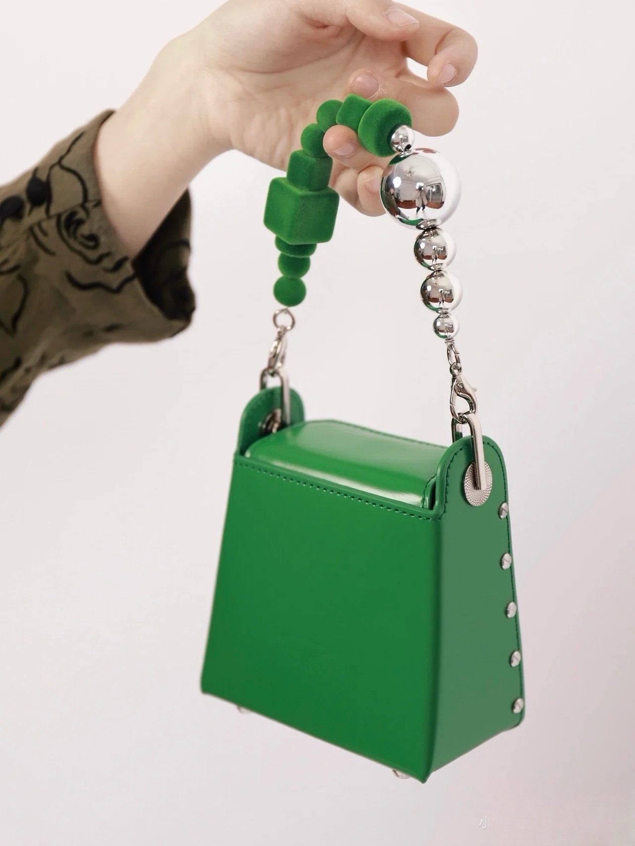 Mini Box Handbag – Sculpted Top Handle Bag with Oversized Beads in Blue & Green | Geometric Crossbody Purse