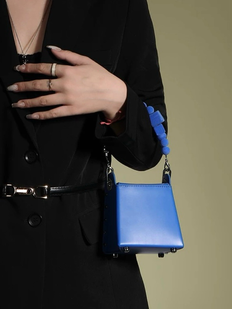 Mini Box Handbag – Sculpted Top Handle Bag with Oversized Beads in Blue & Green | Geometric Crossbody Purse