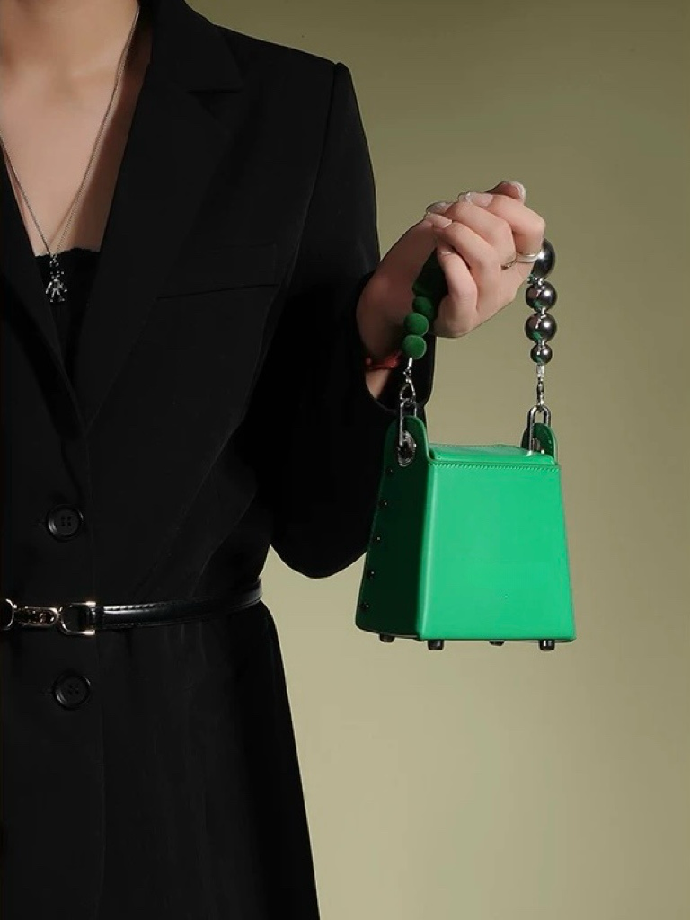 Mini Box Handbag – Sculpted Top Handle Bag with Oversized Beads in Blue & Green | Geometric Crossbody Purse