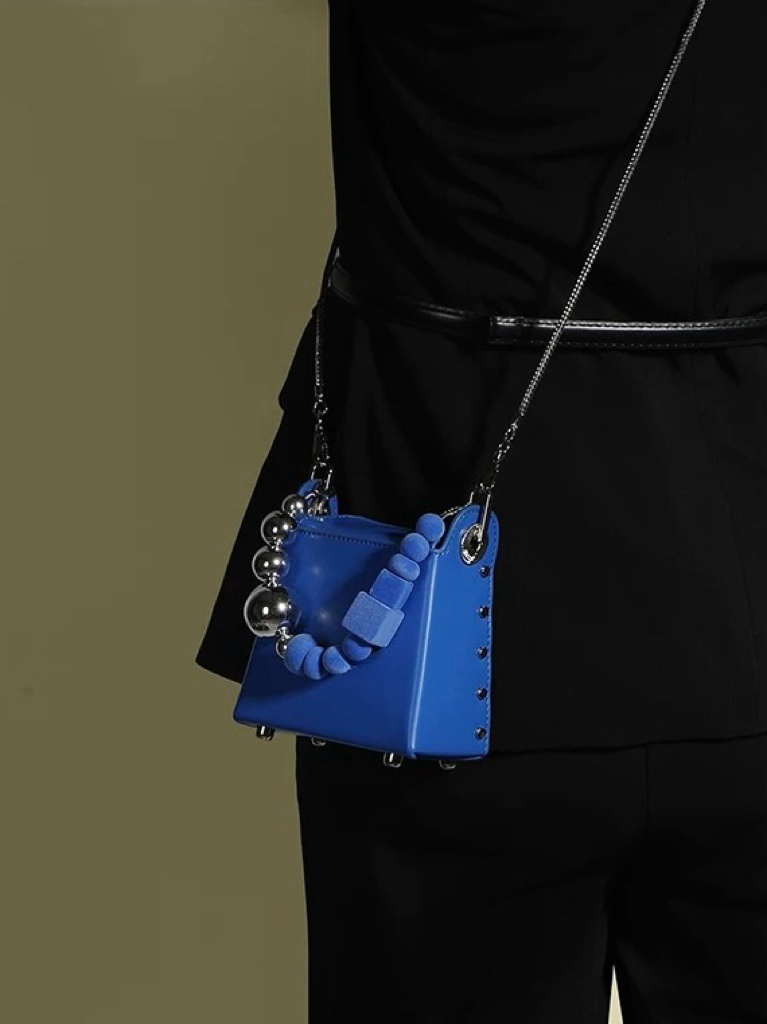 Mini Box Handbag – Sculpted Top Handle Bag with Oversized Beads in Blue & Green | Geometric Crossbody Purse