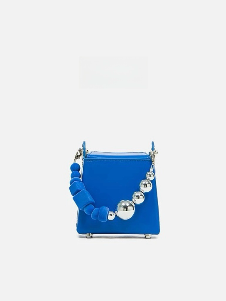 Mini Box Handbag – Sculpted Top Handle Bag with Oversized Beads in Blue & Green | Geometric Crossbody Purse