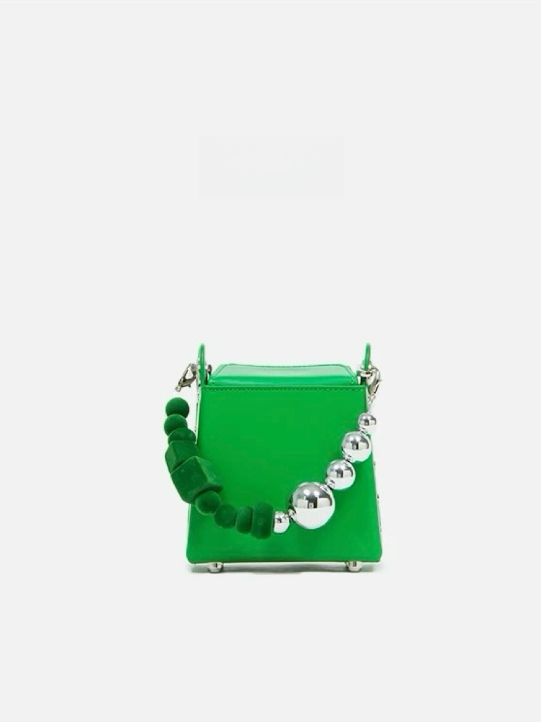 Mini Box Handbag – Sculpted Top Handle Bag with Oversized Beads in Blue & Green | Geometric Crossbody Purse