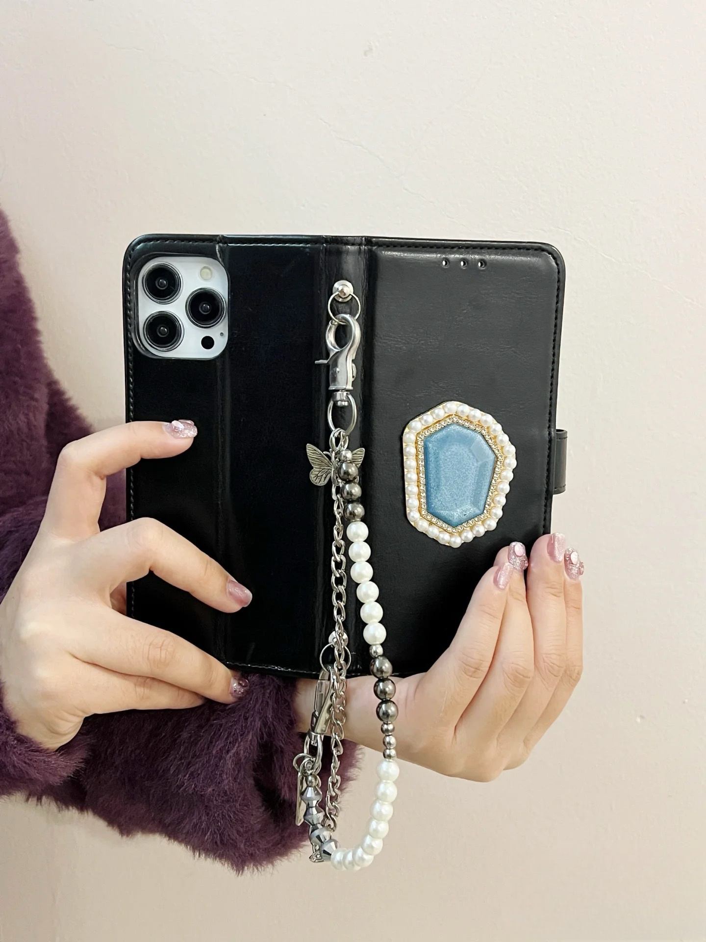 Gemstone Phone Wallet Clutch – Pearl Chain Crossbody Phone Case with Card Holder | Black Faux Leather