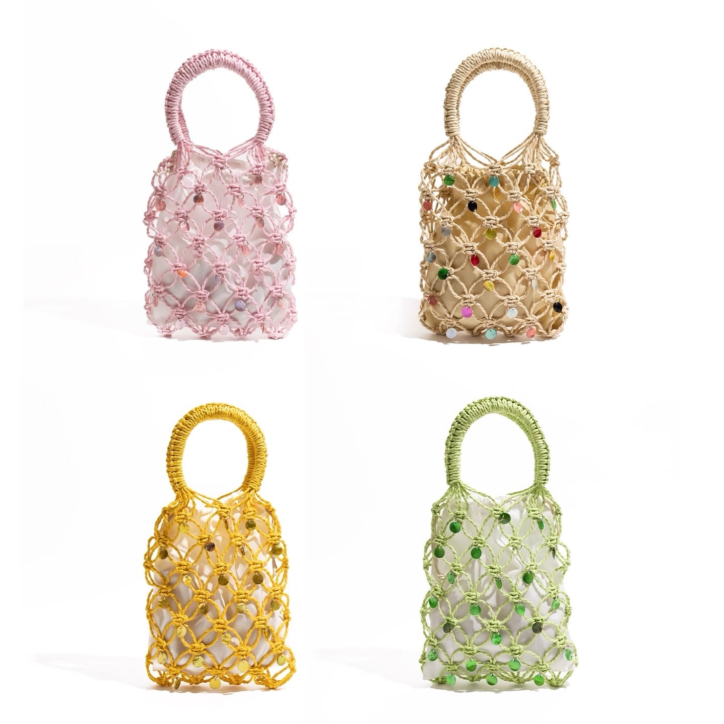 Mini Macramé Beaded Tote Bag – Handwoven Net Bag in Pink, Yellow, Green, Beige | Summer Mesh Purse