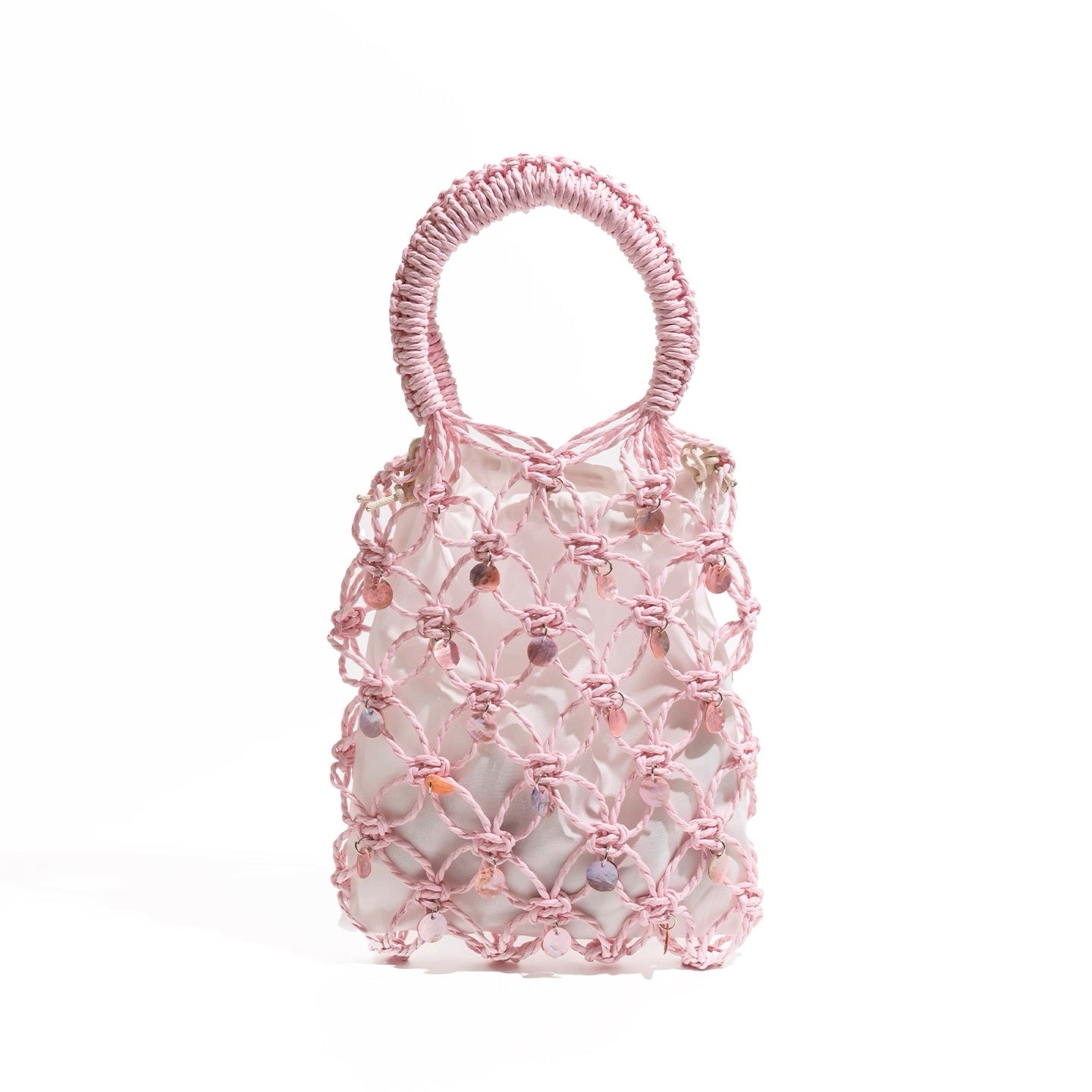 Mini Macramé Beaded Tote Bag – Handwoven Net Bag in Pink, Yellow, Green, Beige | Summer Mesh Purse