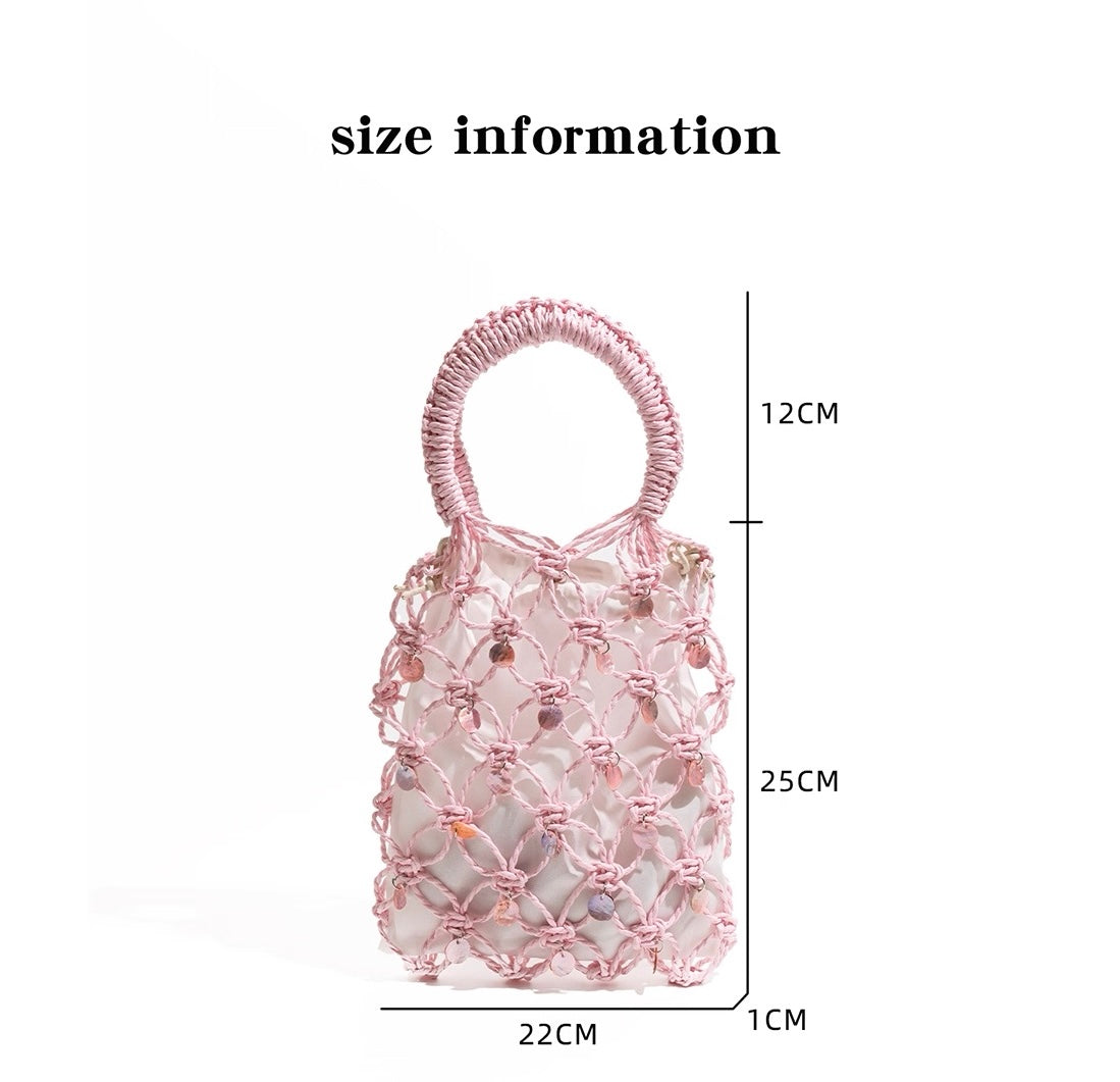 Mini Macramé Beaded Tote Bag – Handwoven Net Bag in Pink, Yellow, Green, Beige | Summer Mesh Purse