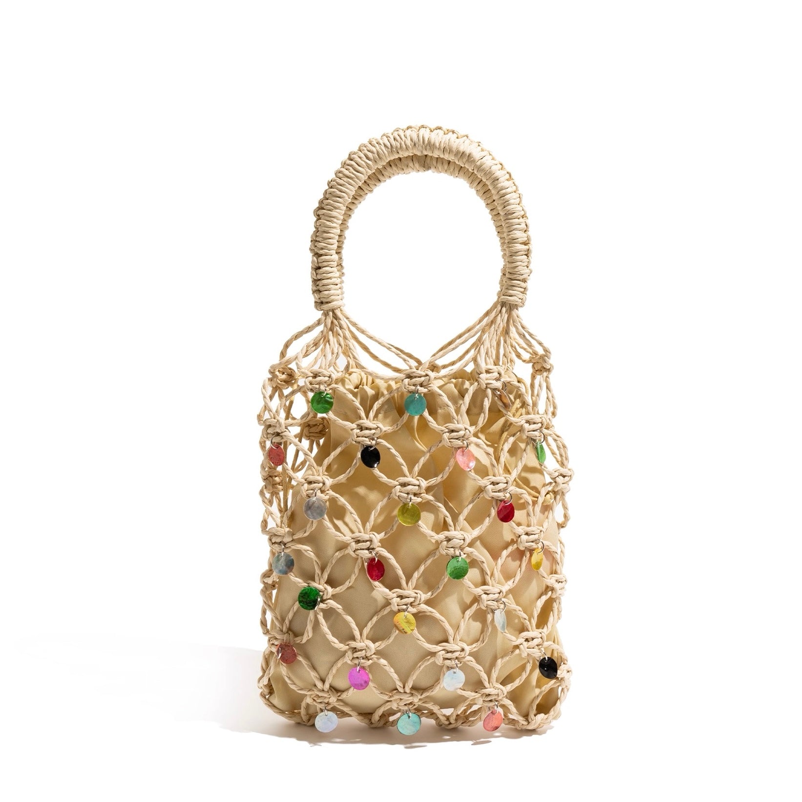 Mini Macramé Beaded Tote Bag – Handwoven Net Bag in Pink, Yellow, Green, Beige | Summer Mesh Purse