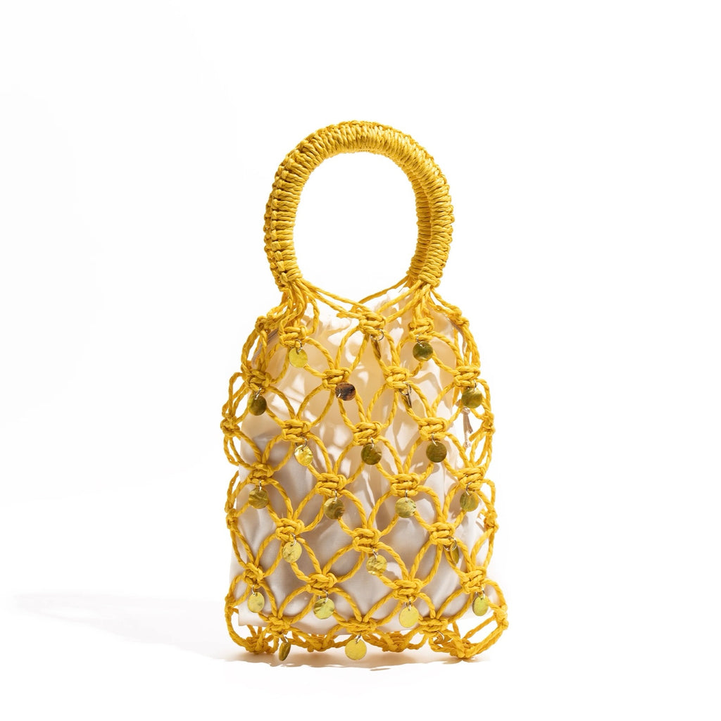 Mini Macramé Beaded Tote Bag – Handwoven Net Bag in Pink, Yellow, Green, Beige | Summer Mesh Purse