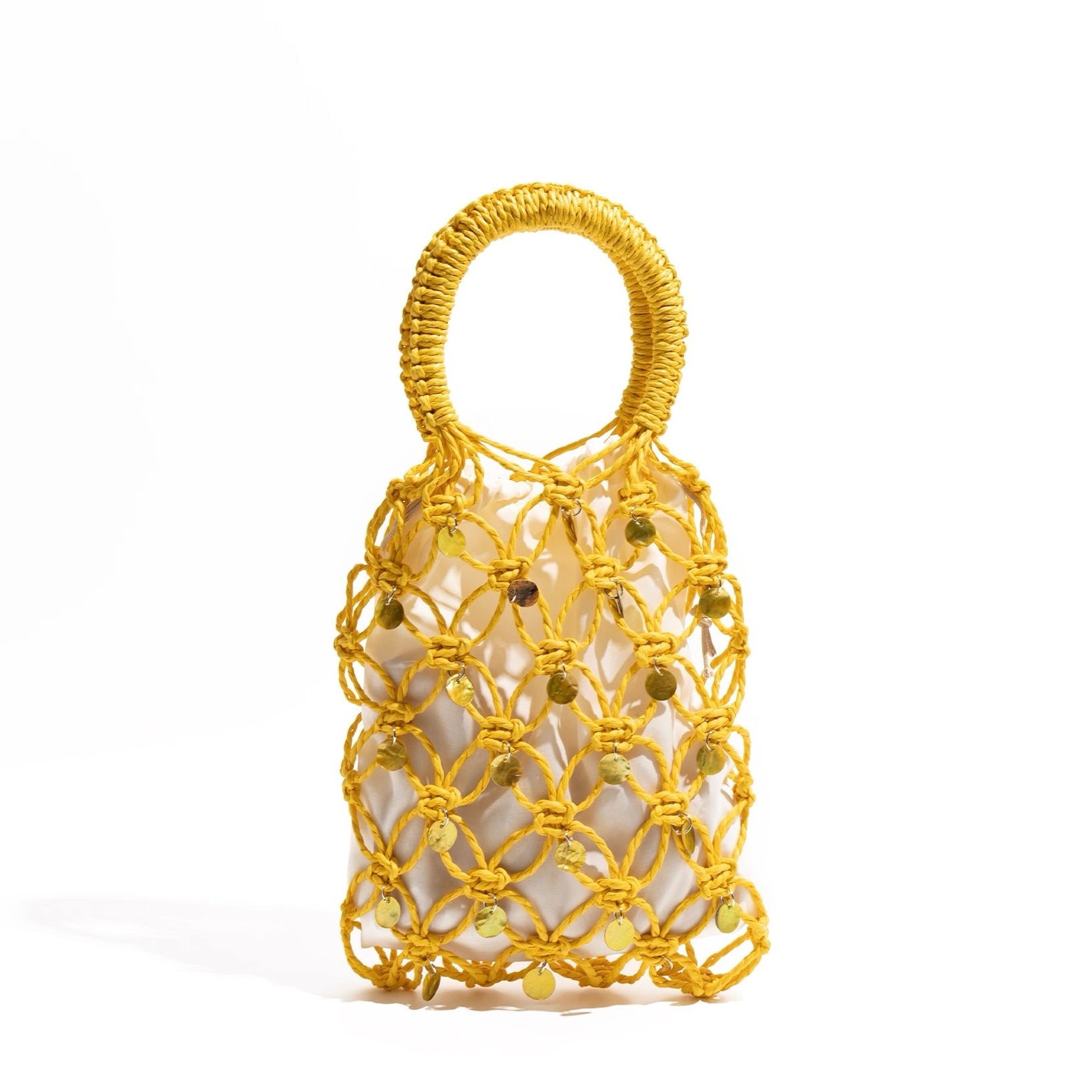 Mini Macramé Beaded Tote Bag – Handwoven Net Bag in Pink, Yellow, Green, Beige | Summer Mesh Purse