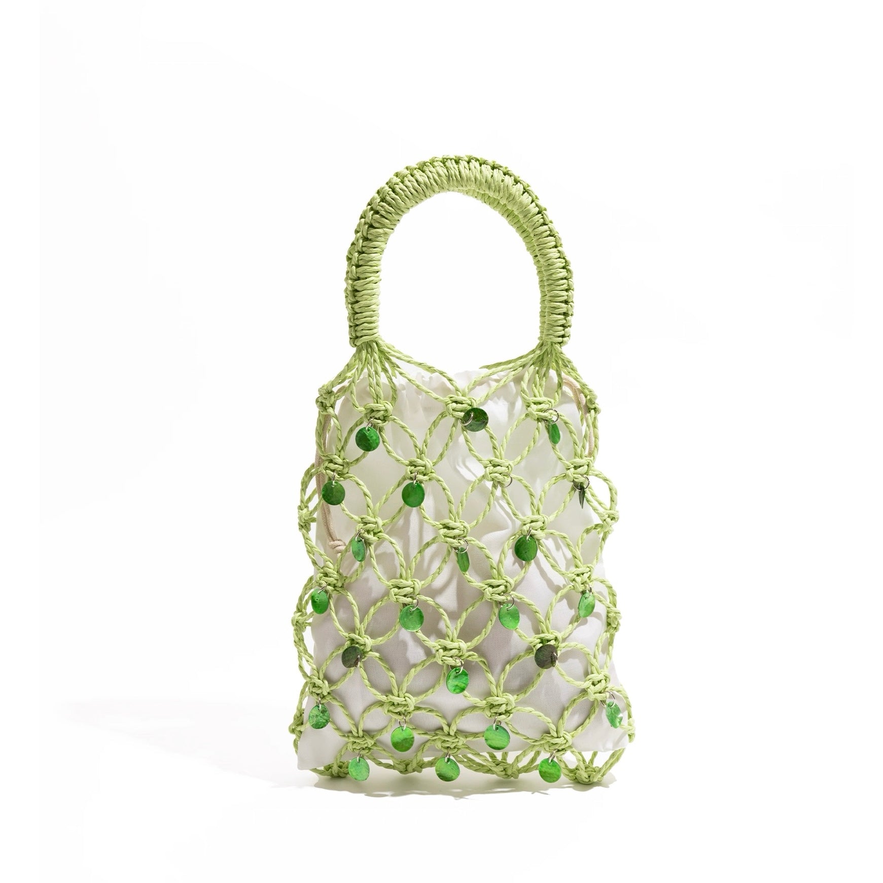 Mini Macramé Beaded Tote Bag – Handwoven Net Bag in Pink, Yellow, Green, Beige | Summer Mesh Purse