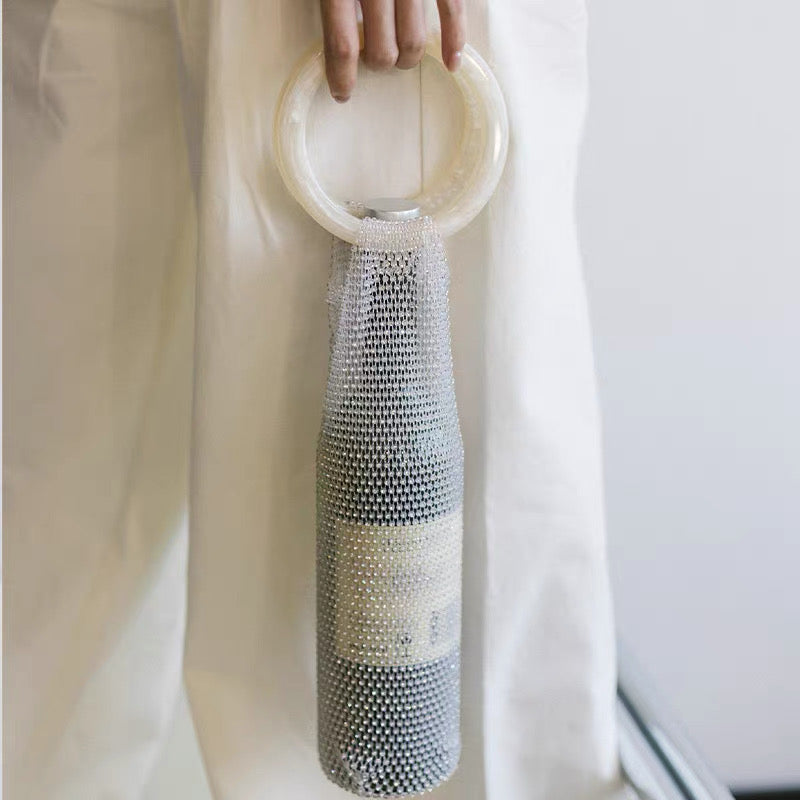 Crystal Mesh Bottle Bag – Fits 750ml Wine | Rhinestone Wine Clutch with Acrylic Handle