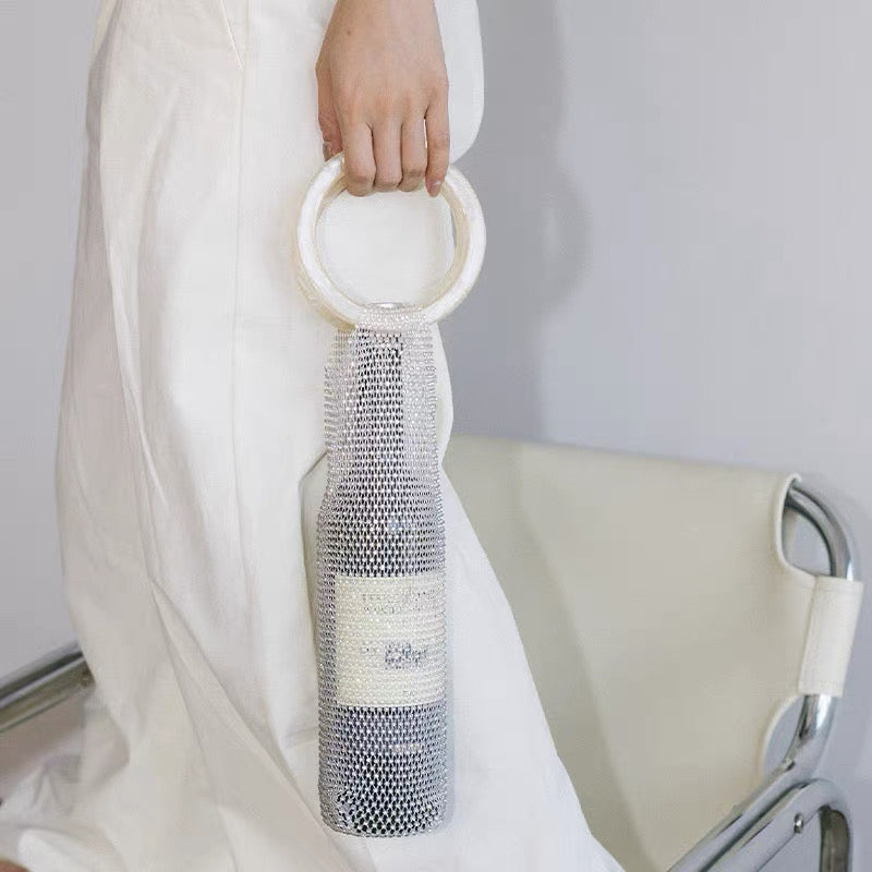 Crystal Mesh Bottle Bag – Fits 750ml Wine | Rhinestone Wine Clutch with Acrylic Handle
