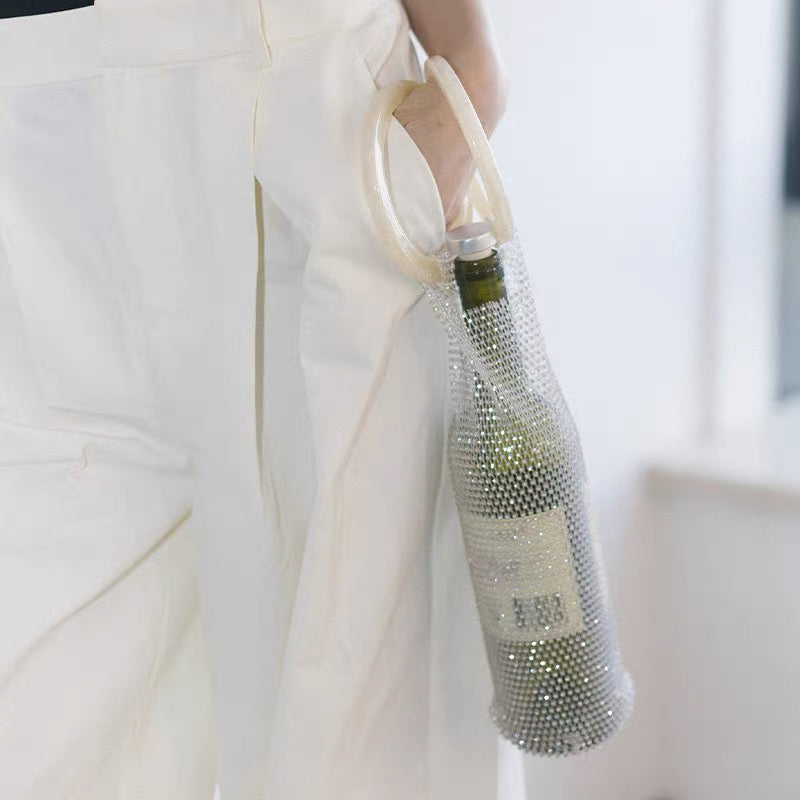 Crystal Mesh Bottle Bag – Fits 750ml Wine | Rhinestone Wine Clutch with Acrylic Handle