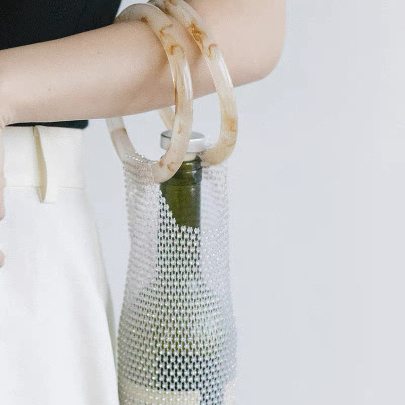 Crystal Mesh Bottle Bag – Fits 750ml Wine | Rhinestone Wine Clutch with Acrylic Handle