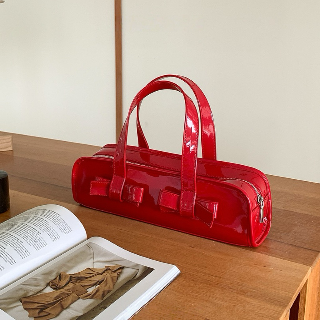 Glossy Bow-Tie Shoulder Handbag – Patent Leather Mini Tote
