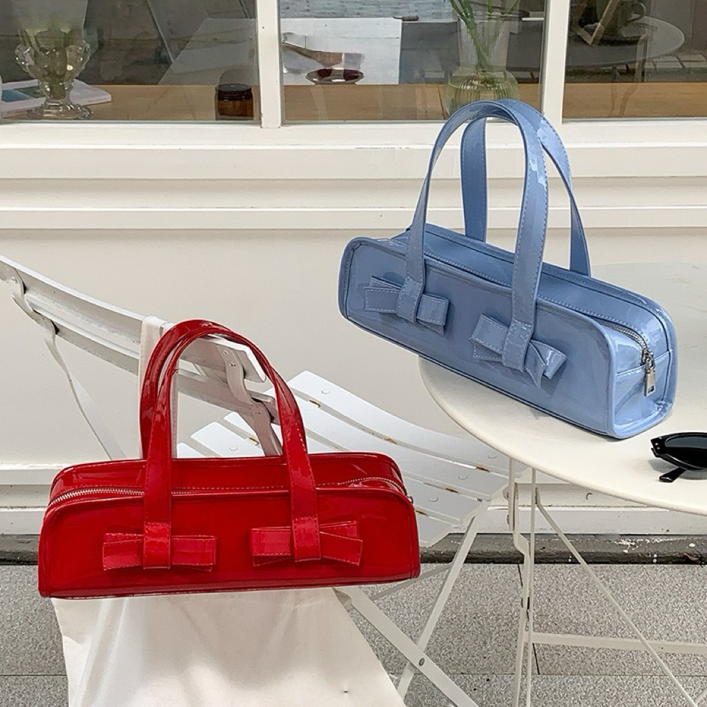 Glossy Bow-Tie Shoulder Handbag – Patent Leather Mini Tote
