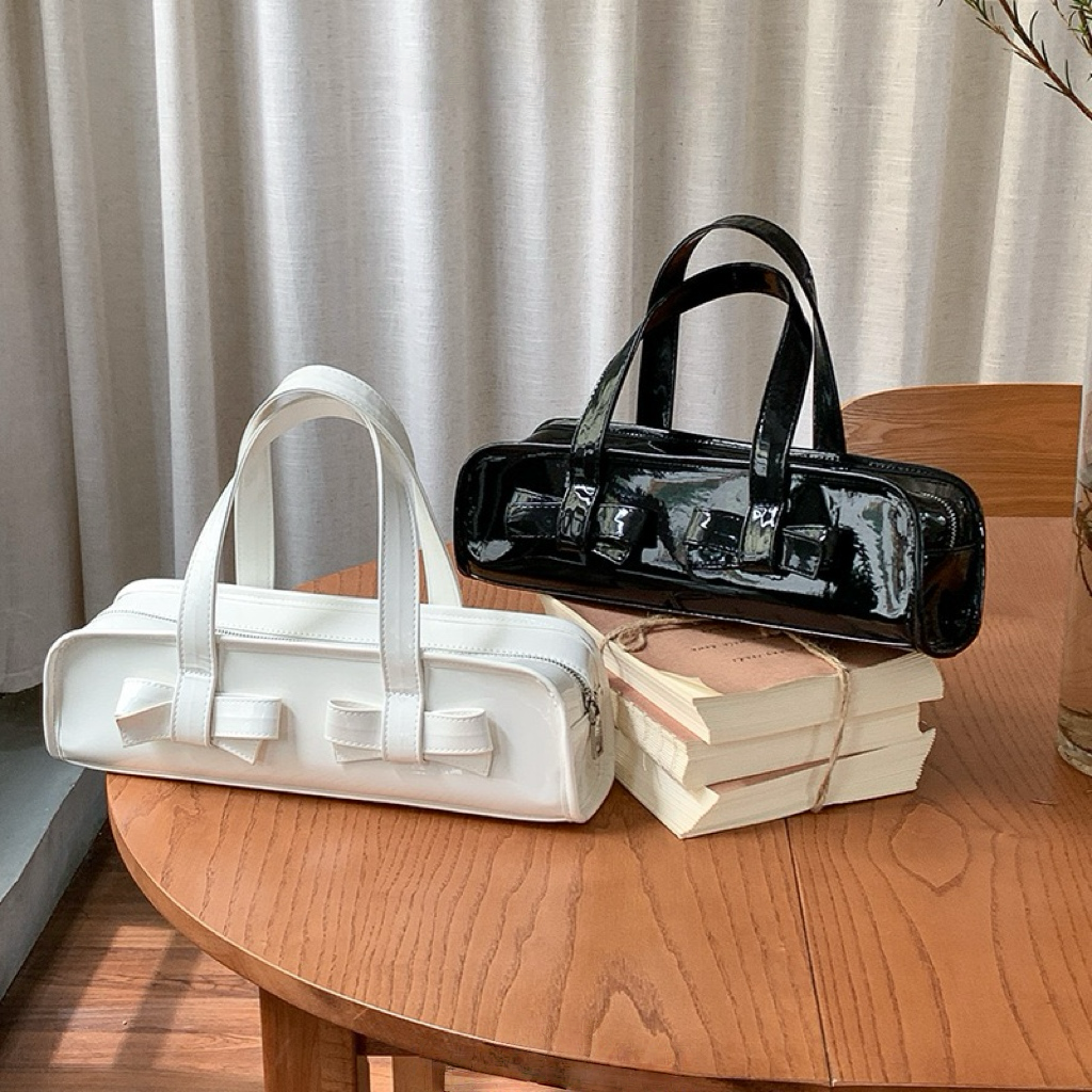 Glossy Bow-Tie Shoulder Handbag – Patent Leather Mini Tote