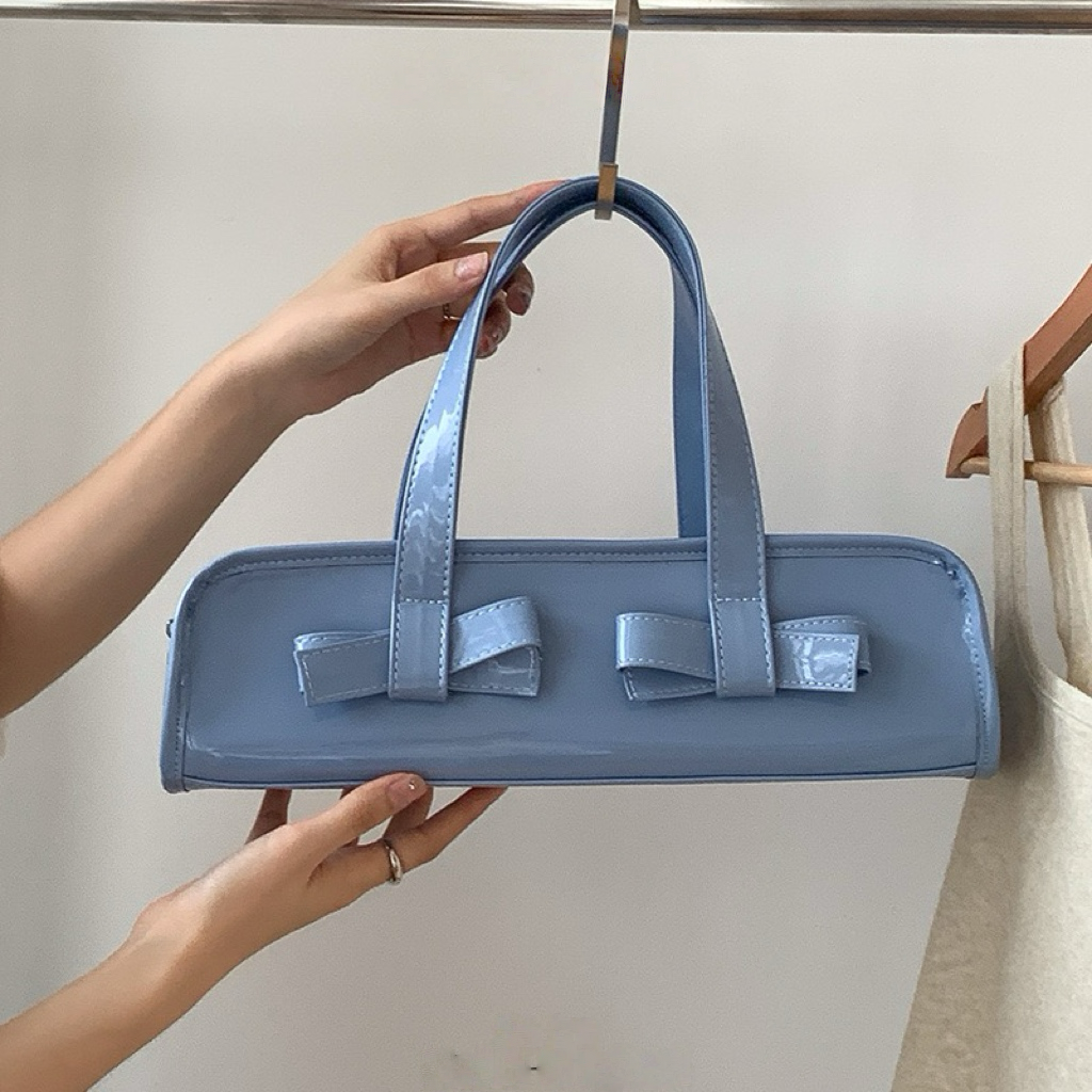 Glossy Bow-Tie Shoulder Handbag – Patent Leather Mini Tote