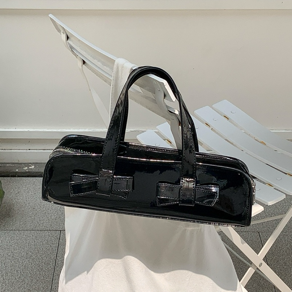 Glossy Bow-Tie Shoulder Handbag – Patent Leather Mini Tote