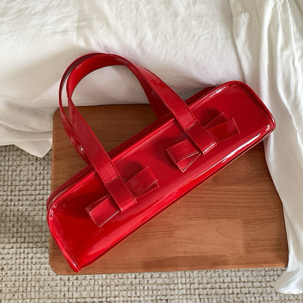 Glossy Bow-Tie Shoulder Handbag – Patent Leather Mini Tote