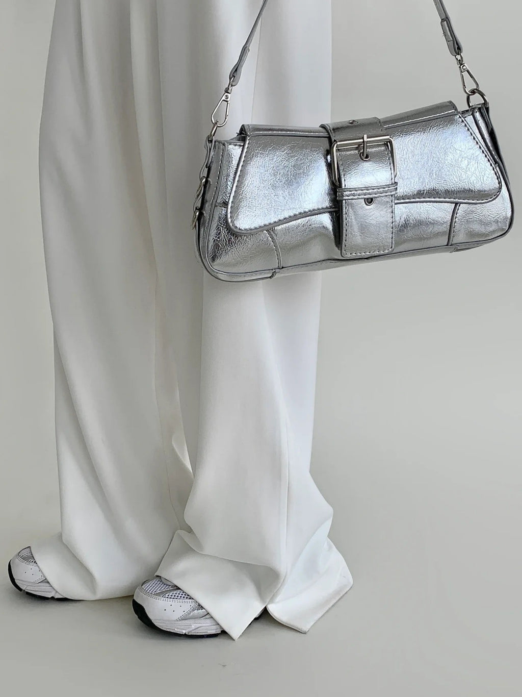 Chic Metallic Buckle Shoulder Bag – Silver / Black / Pink | Trendy Croc-Textured Handbag