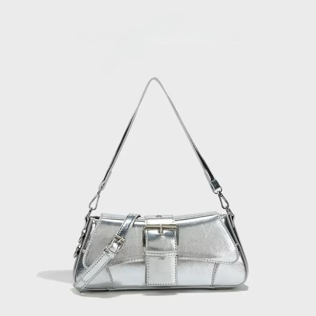 Chic Metallic Buckle Shoulder Bag – Silver / Black / Pink | Trendy Croc-Textured Handbag
